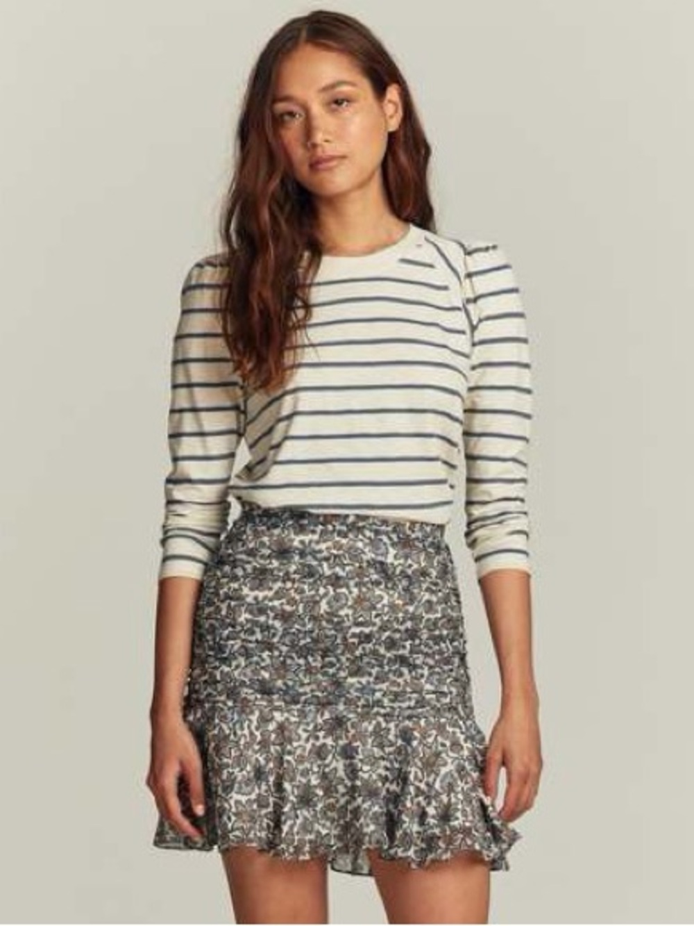Veronica Beard Mason Baseball Tee Small Ecru/Slate Striped Crew